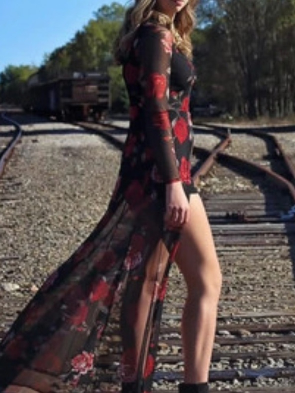 Charlotte Russe Black Long Sleeve Maxi Dress with Red Rose Print - Picture 6 of 6